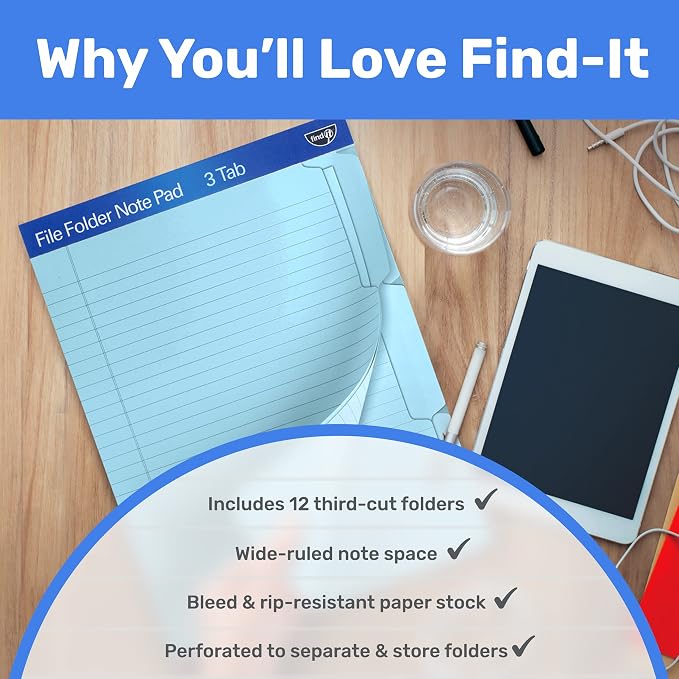 Find It File Folder Notepad - Pack of 12-9.5 x 12.5 Inch Notebook Organizer Folders for Filing, Document, and Clipboard Organization - Blue