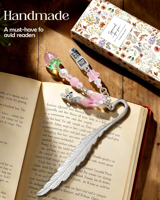 Buleens 2 Pack Bookmarks for Women Reading - Book Marks for Readers Book Lovers, Cute Y2K Pink Bow Strawberry Personalized Metal Bookmark with Pendants, Pretty Aesthetic Book Accessories Reading Gifts