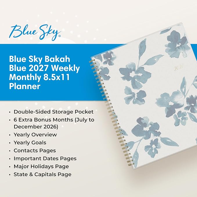 Blue Sky 2027 Weekly and Monthly Planner Calendar, January 2027 - December 2027, 8.5" x 11", Flexible Cover, Laminated Tabs, Durable Twin Wire Binding, Storage Pocket, Bakah Blue