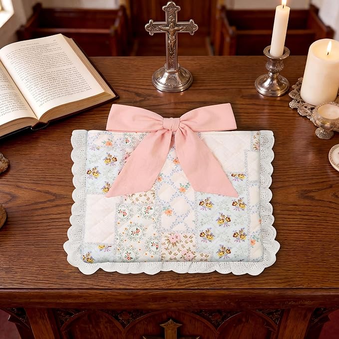 Vintage Spliced Floral Quilted Bible Cover for Women – Fits Standard Size Bibles Padded Protector Washable Cotton Case with Elegant Lace Trim & Bow Handle– Includes Interior Zipper Pocket