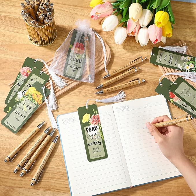 Spakon 70 Sets Mother's Day Church Gifts Bible Verse Bookmarks Inspirational Bamboo Pens Gift Bags Mom Christian Gifts Bulk Religious Mothers Day Party Favors