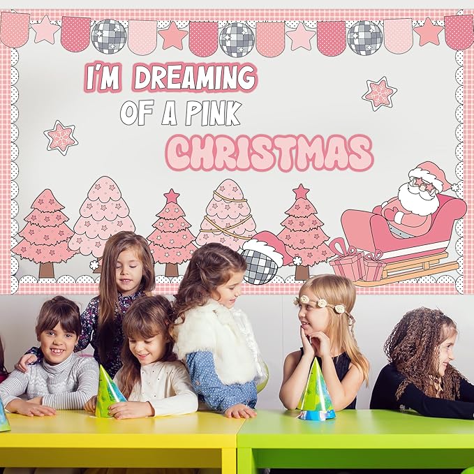 ojustbeok Pink Christmas Bulletin Board Set Xmas Santa Bulletin Board Decoration Christmas Tree Snowman Paper Cutouts for School Classroom Home Chalkboard Wall Xmas Winter Holiday Party Supplies