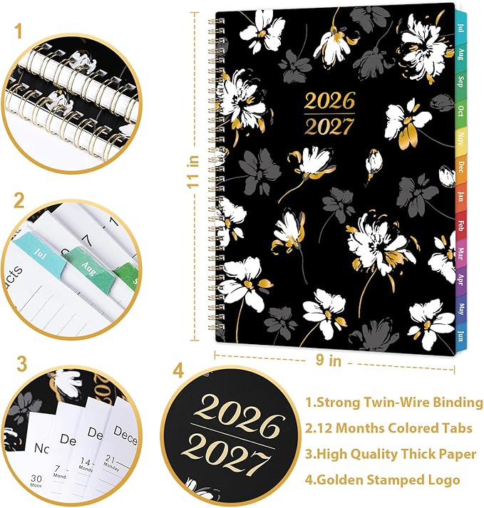 Planner 2026-2027- Weekly Monthly Academic Planner 2026-2027, July 2026 - June 2027, Calendar Planners with Colorful Tabs, Inner Pocket, Floral Cover, 8.5'' x 11''