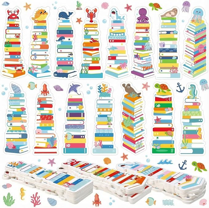 Kolldenn 150 Pcs Book Tracker Bookmarks Bulk 6.3 x 1.97 Inch Bookshelf Love to Read Bookmarks Paper Tracking Double Sided Reading Page Markers for Back to School Reading Lover(Summer Ocean)