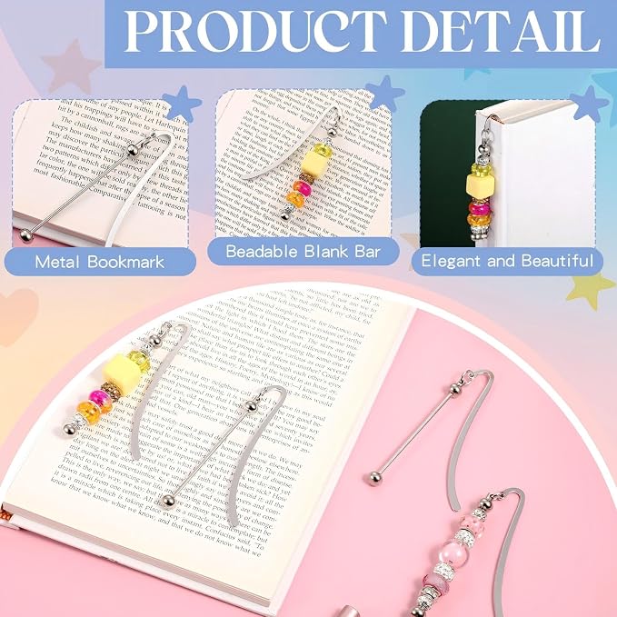 Dunzoom 20 Pcs Beadable Bookmarks DIY Metal Blank Bar Bookmark for Beads Modern Bead Craft Jewelry Pendant Charm Gift for Book Lovers Student Teacher Office Supplies(Silver)