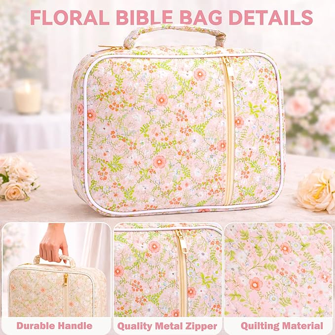 Bible Bag for Women, Bible Cover Case with Study Supplies,Large Quilted Bible Bag with Handle and Zipper, Suitable for Christian Books-Christian Gift for Girls(Small Flowers)
