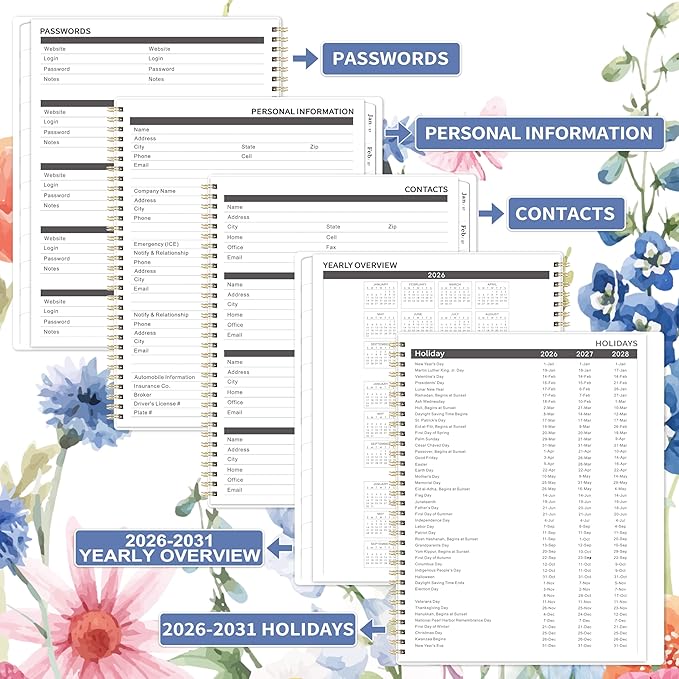 Monthly Planner 2026-2031 - 5 Year Planner/Calendar, 2026-2031 Monthly Calendar Planners Spiral Bound, Jul. 2026 - Jun. 2031, 9" x 11", Twin-Wire Binding + Tabs + Pocket - Flowers