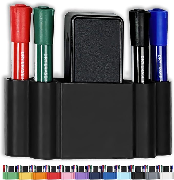 Glassboard Studio Magnetic Dry Erase Marker Holder - Super Strong for Magnetic Glass Whiteboard or Fridge - 2 Large Neodymium Magnets - No Slip Grip - Eco-Friendly PLA Plastic (Jet Black)