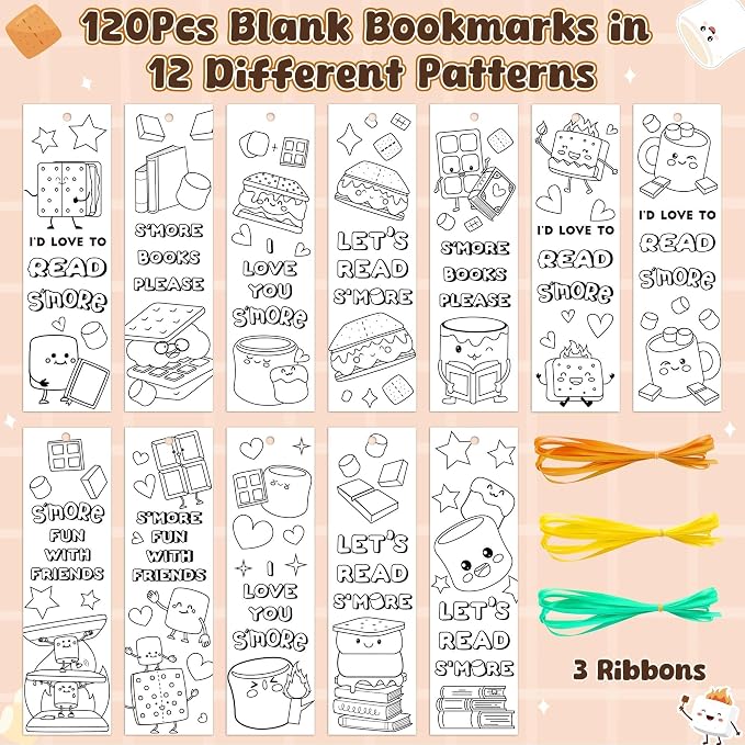 Marshmallow Color Your Own Bookmarks for Kids - Summer Gifts 123Pcs Loves You S'More Reading Theme DIY Coloring Blank Paper Bookmarks, Classroom Art Craft Party Favor for Kid Student Teacher