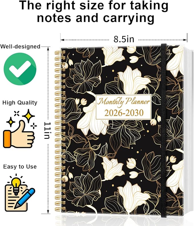2026-2030 Monthly Planner - 60 Month PLanner Calendar from January 2026 to December 2030, 5 Year Planner 2026-2030 with Flexible Cover, Inner Pocket, Perfect for Home | School | Office, 8.5" x 11", White Gold Flower