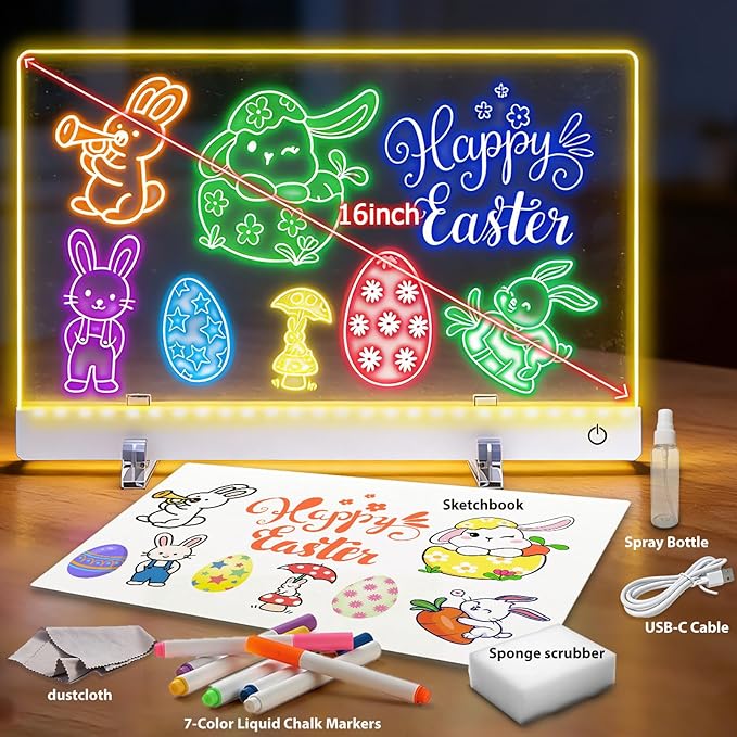 Rechargeable LED Drawing Board for Kids Dry Erase Board,16 inch Drawing Tablet, 7 Color Lights Up Acrylic DIY Custom Neon Sign for Mother's Day, Birthday Gift for Girls Teen 3-12 Year Old