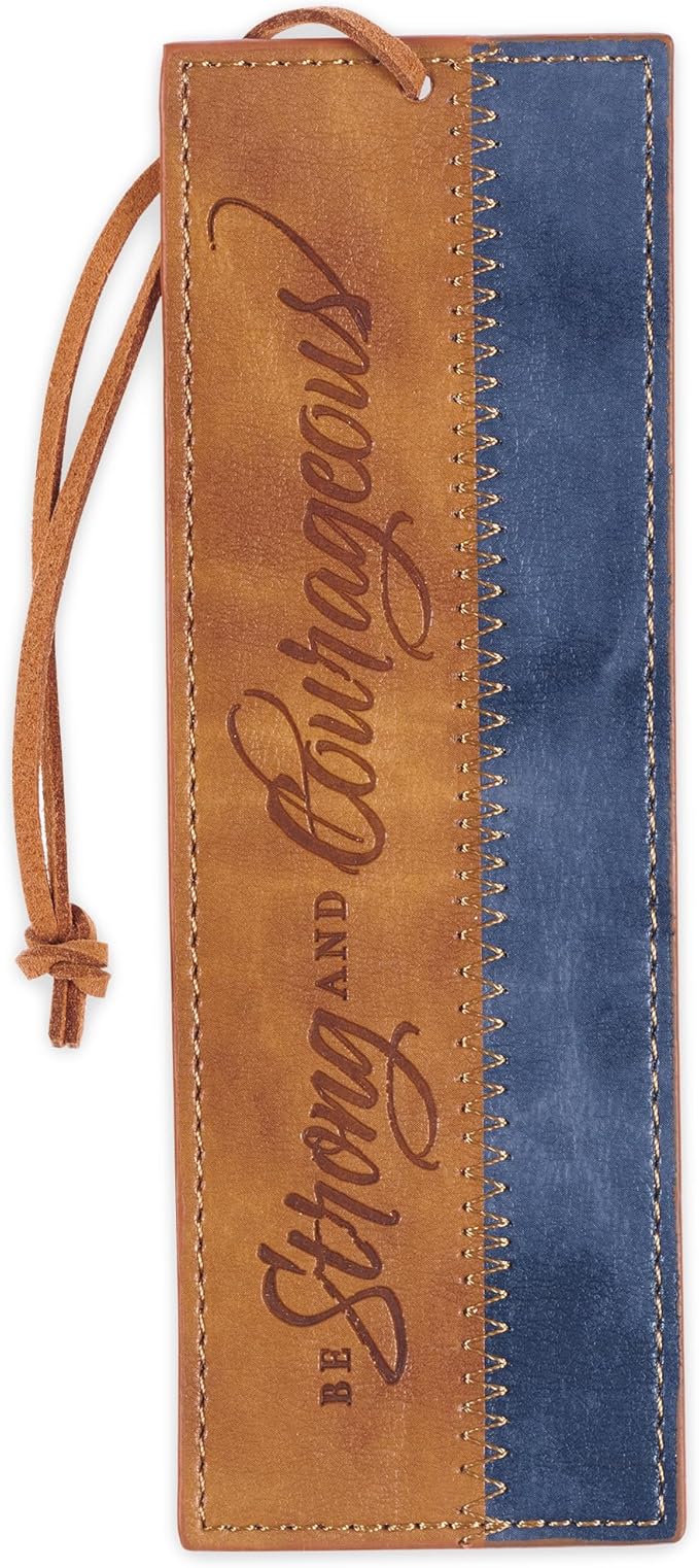 Christian Art Gifts Premium Vegan Leather Scripture Bookmark for Men & Women: Strong & Courageous Inspirational Bible Verse, Unique Sturdy Luxury Reading Book Accessory, Light Brown & Navy Blue & Cord