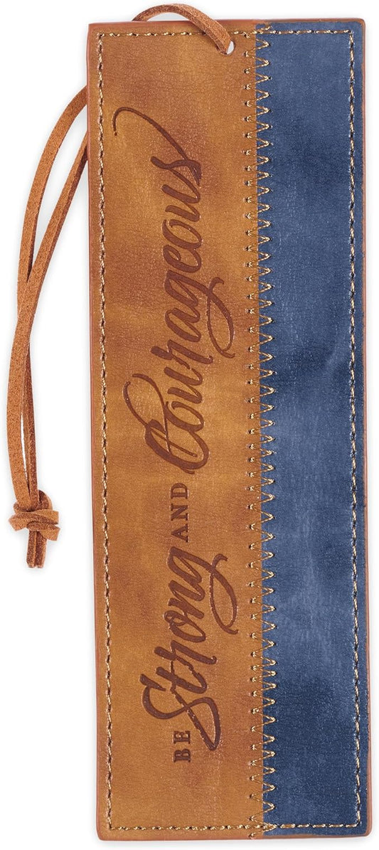 Christian Art Gifts Premium Vegan Leather Scripture Bookmark for Men & Women: Strong & Courageous Inspirational Bible Verse, Unique Sturdy Luxury Reading Book Accessory, Light Brown & Navy Blue & Cord
