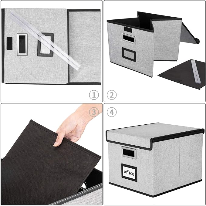 Collapsible File Storage Organizer Boxes with Lids, Portable Large Linen Hanging Filing Storage Boxes, Decorative Home/Office Filling System for File and Folder Storage (Grey)-2 Pack