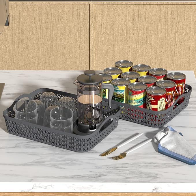 Kekow Plastic Storage Tray Basket with Handle, Set of 6, 13.22" x 10.23" x 2.95", Gray