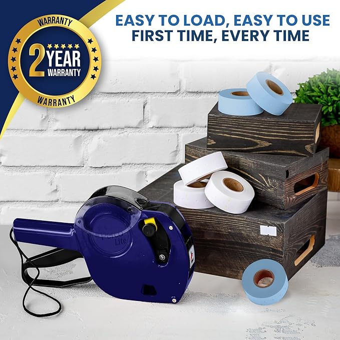 Perco Lite 1 Line Price Gun with Labels Kit - Includes 3 White Rolls, 1 Gun Clip, 3 Blue Rolls, 2 Ink Rollers - 1 Ink roll and Labels Pre-Loaded