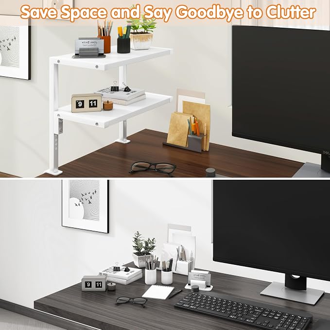 IBUYKE Clamp on Desk Organizer Shelf,12.9 inches Desk Extender Shelves, Above or Below Desk 2-Tier Adjustable Storage Shelves for Desktop Accessories,White,TMZ007W