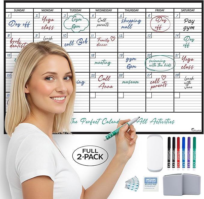 (2 PK) Large Dry Erase Calendar for Wall, 24x36, Large Wall Calendar Dry Erase, Big White Board for Office, Home & School, Giant Erasable Whiteboard, Jumbo Monthly Undated Reusable White Board Planner