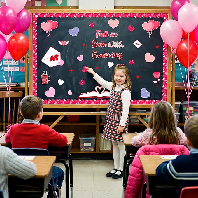 83Pcs Valentine's Day Red Heart Bulletin Board Decoration Set February Fall in Love with Learning Theme Cutouts for Classroom Pink Red Heart Church School Home Chalkboard Wall Door Party Decor