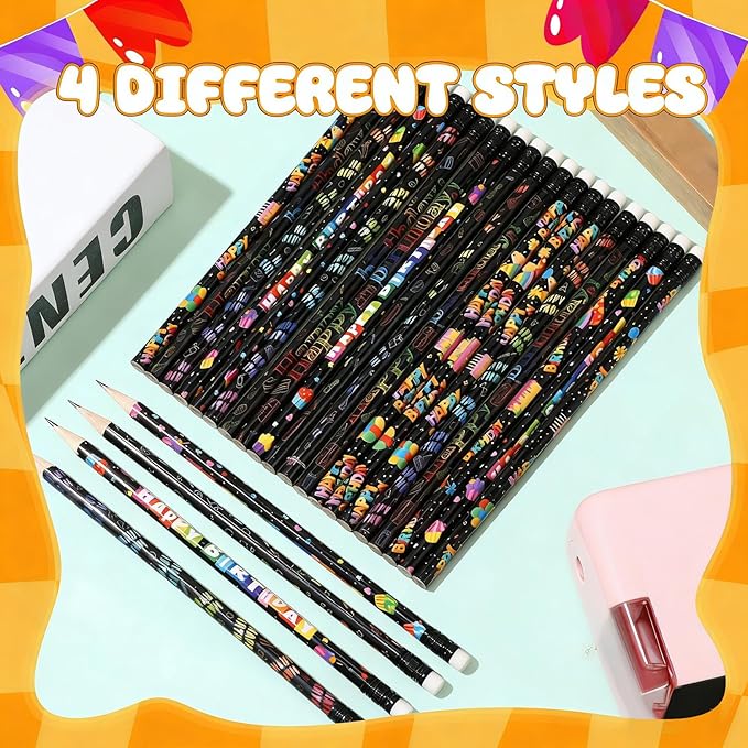 Sabary 24 Pcs Happy Birthday Pencils Colorful Birthday School Student Supplies Unsharpened HB Pencils with Erasers Stationery Bulk for Teacher Classroom Reward Party Supplies (Black)