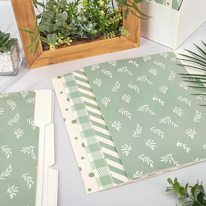 Whaline 24 Pack Sage Green File Folders Letter Size Botanical Leaves Plaid Striped Dots File Pockets with 1/3 Cut Tab for Home Office Classroom Supplies, 8.9 x 11.6 Inch
