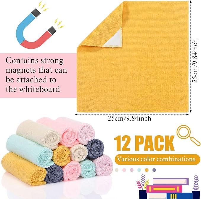Fanfanwin 12 Pcs Magnetic Cleaning Cloth Dry Erasers for White Boards 9.84" x 9.84" Extra Strong Magnetism Microfiber Whiteboard Eraser for Blackboards Classroom Home Reusable Washable