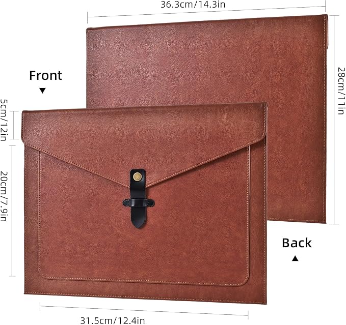 Brown PU Leather File Folder, Snap Closure File Organizer, Important Document Folder with Pockets, Document Organizer, Laptop Sleeve Notebook Case, A4 Envelopes Filing Folder