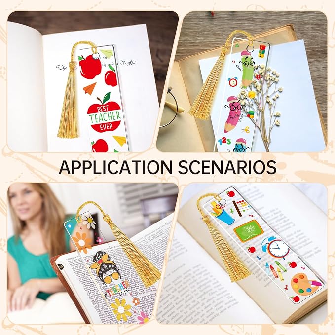 AFRITEE UV DTF Wraps Stickers - 24 Pcs Boho Thank You Teacher Theme Acrylic Bookmark Sticker, Pencil Apple Floral Cold Transfer Stickers for Bookmarks Uvdtf Decals Wrap Creative Gifts for Teachers
