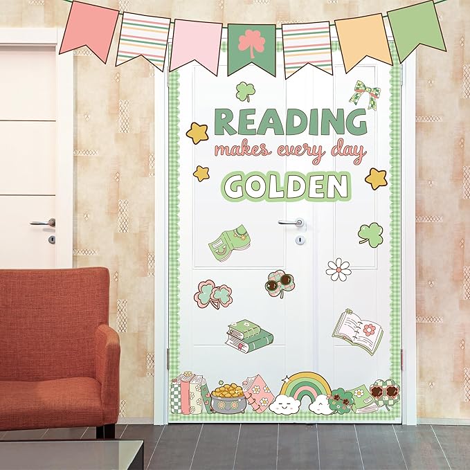 St. Patrick's Day Classroom Bulletin Board Set Reading Makes Every Day Golden Bulletin Board Decorations Irish Clover Cutouts for Bulletin Board St.Patrick’s Party Supply Classroom Chalkboard Decor
