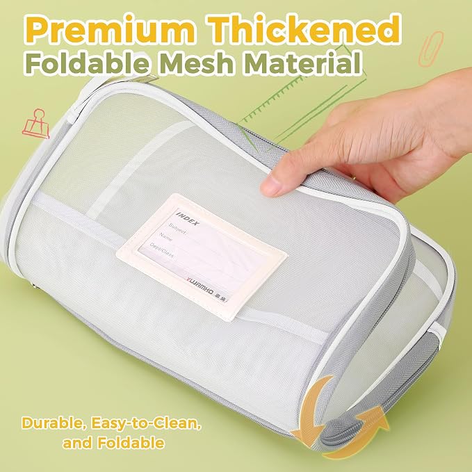 Pendancy Mesh Zipper Pouch 14.8x10.8 in Transparent Lightweight Nylon File Folders, A4 Size Multi-layer Subject Document Organizer Accessories Storage bag for Office and School Supplies(White)