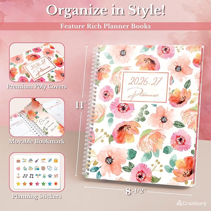 CRANBURY 2026-2027 Academic Planner 8.5x11, July 2026 to June 2027, Weekly Daily Organizer with Monthly Tabs, Floral Theme, Spiral Bound, Agenda Book