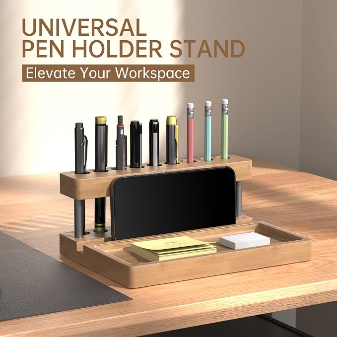Wooden Holder for Office Desk, Solid Wood Pen Display Stand With 9 Slots and Cell Phone Holder, Aesthetic Pen Organizer for Minimalist Office Desk Decor (Tray+Black)