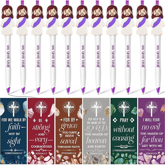 CroBlissful 48 Pcs Easter Pens Jesus Pens Bulk Christian Gift for Kid Jesus Loves You Sunday School Prize Religious Easter Gift Bible Verse Ballpoint Pen with Bookmarks for Catholic(Classic Style)