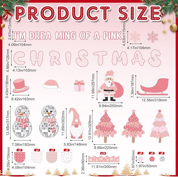 Funrous Christmas Bulletin Board Decoration Set Xmas Tree Classroom Decor Snowman Santa Claus Gnome Snowflake Cutout Winter Border Trim for Xmas Holiday Office Wall Door Supplies(Pink Christmas)