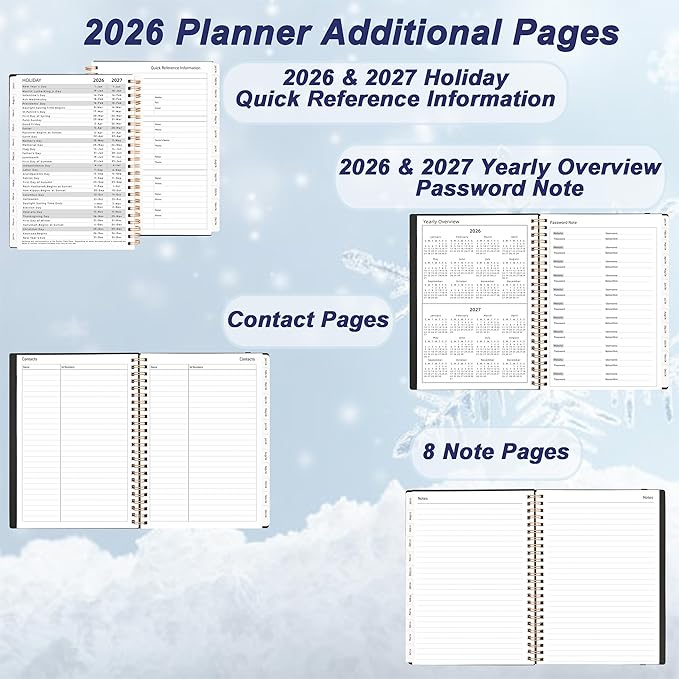 Daily Planner 2026, 2026 Planner Weekly and Monthly, Jan 2026-Dec 2026, 6.2" x 8.4", Agenda Day Planner with Tabs & Pocket, 100GSM Thick Paper, Black