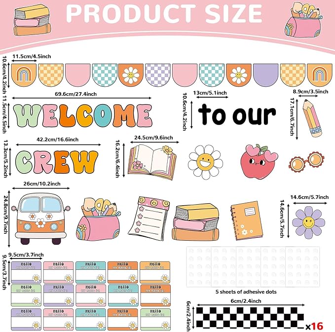 Groovy Back to School Bulletin Board Decorations Welcome to Our Crew Classroom Bulletin Board Border Set Retro Groovy Daisy Hippie Paper Cutouts Preschool Chalkboard Wall Decor