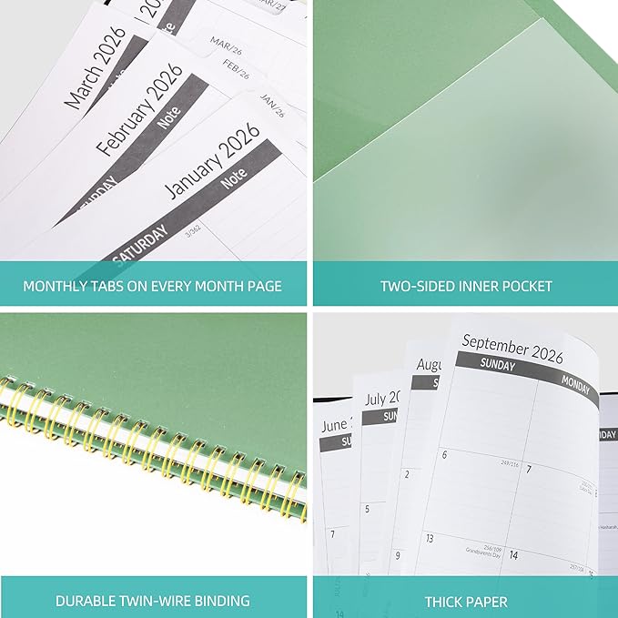 2026-2030 Monthly Planner 5 Year Monthly Planner/Calendar 2026-2030, Jan 2026 – Dec 2030, 9" x 11", Tabs, Double-Side Pocket, Holidays, Thick Paper - Green
