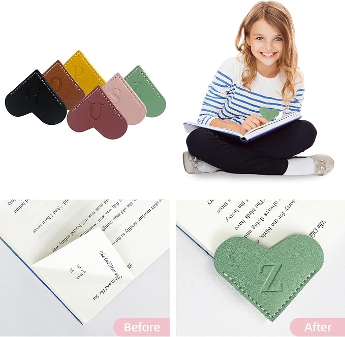6Pcs Personalized Leather Heart Bookmark with Initial,26 A-Z Letters Cute Corner Book Mark for Reading,Book Page Accessories for Women, Book Lovers, Teachers, Students Gifts