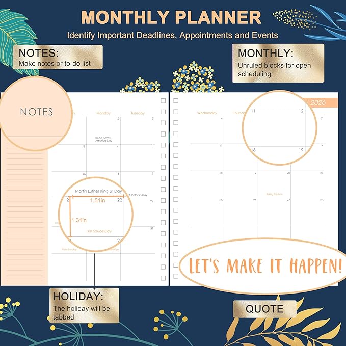 CAGIE 2026 Planner Weekly and Monthly, Jan-Dec 2026 8.3 x 9.3 Inch Hardcover Spiral Bound, 13 Tabs and Pocket, Floral Daily Planner for Women, Perfect 2026 Yearly Calendar Planner