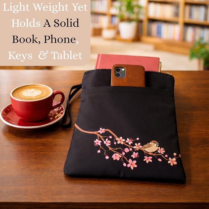The Story Satchel Book Sleeve with Spacious Front Pocket - A Waterproof Protector Book Bag Pouch with Zipper - Perfect Book Lovers Gifts for Hardcover or Paperback (Bird Black)