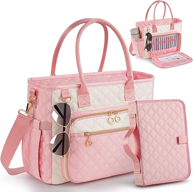 Large Bible Bag with Bible Cover Case for Women,Color-Blocking Bible Carrying Case,Church Tote Bag with Shoulder Strap for Bible Study Supplies,Christian Gifts for Women（Pink）