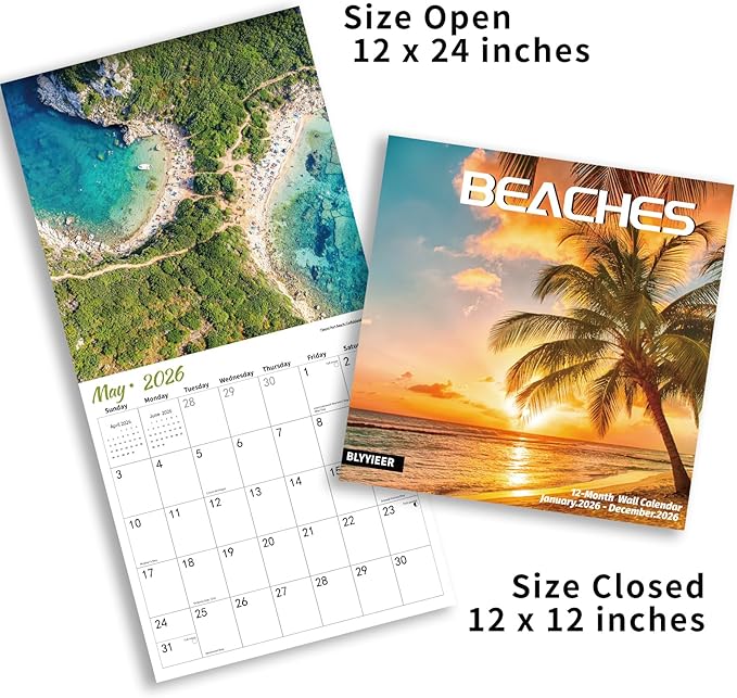2026 Wall Calendar BEACHES, 12 Months Hangable Wall Calendars, Beach Calendars 2026, 12" x 24" (Open), Thick Glossy Paper, Organizing & Planning