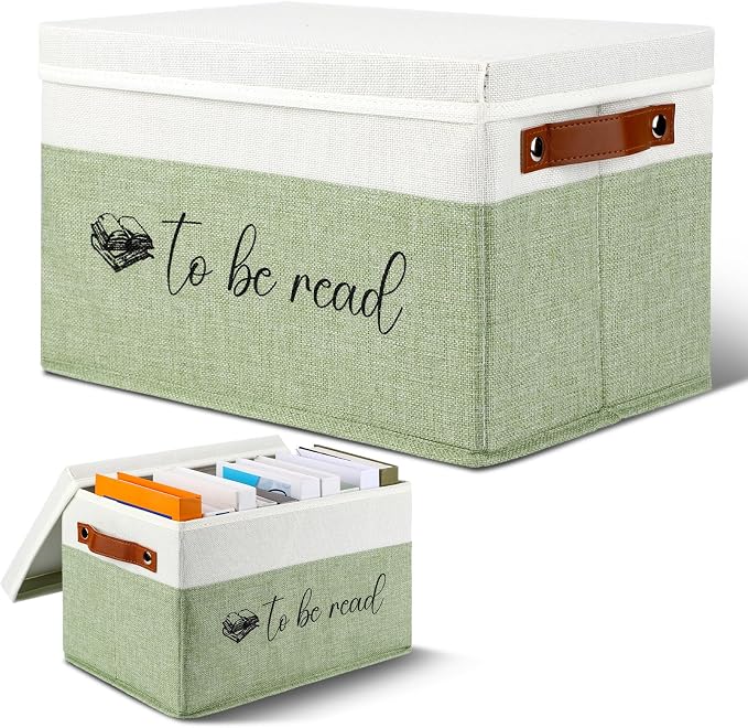 Marsui Book Lover Gifts TBR Book Storage Basket with Lids to Be Read List Storage Bin Bookish Accessories Bookworm Gift for Club Members Student Teacher Reading Accessories(White and Green)