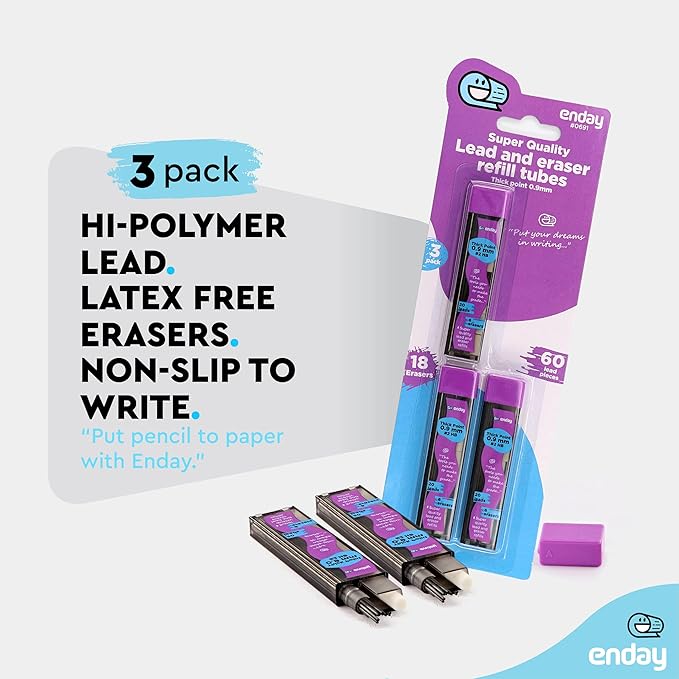 Enday Mechanical Pencil Refills, Black HB #2 Lead, White Eraser, Pack of 3 (20 Leads & 6 Erasers per Tube)