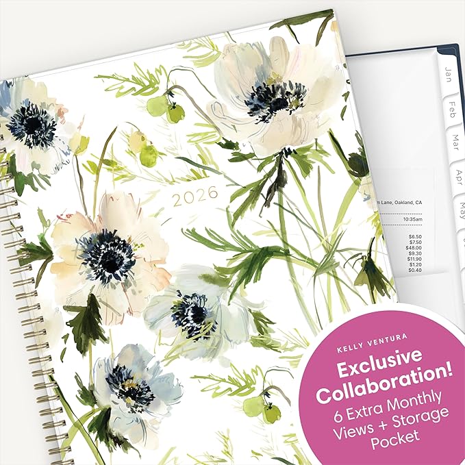 Blue Sky Kelly Ventura 2026 Weekly and Monthly Planner Calendar, January 2026 - December 2026, 8.5" x 11", Flexible Cover, Laminated Tabs, Durable Twin Wire Binding, Storage Pocket, Anemones