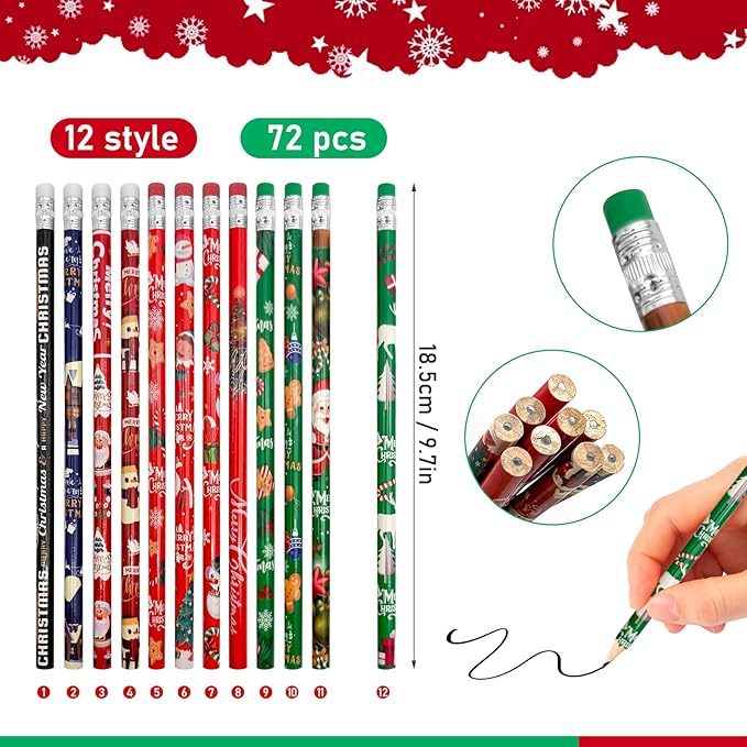 72 PCS Christmas Pencils with Eraser,Xmas Themed Pencil,Wooden Pencils with Santa Claus,Elk,Christmas Tree and Snowflake,Snowman for Stocking Stuffers,Xmas Gift Supplies,School Supplies(12 Styles)