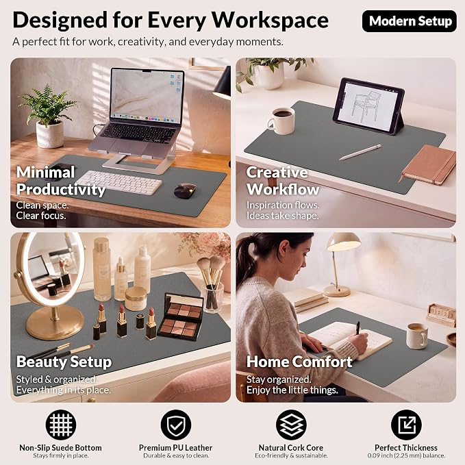 AFIING Cork Desk Mat, Dark Grey, 35.4" x 17",Desk pad Protector | Dual-Sided Cork & PU Leather, Large Mouse Pad, Non-Slip & Waterproof