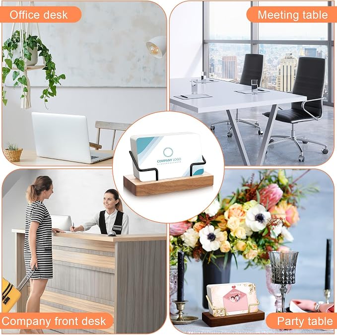 Amyhill 4 Pcs Wood Business Card Holder Display for Desk Metal Wooden Name Card Organizer Business Display Holders for Women Men Office Home Decoration(Wood Color)