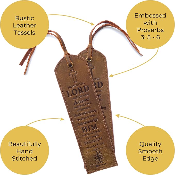 Leather Bible Bookmarks - 2 Leather Christian Bookmarks with Inspirational Bible Verse | Proverbs 3, 5-6 Trust in The Lord | Perfect Religious Book Marker Gifts for Men, Women, Readers and Friends
