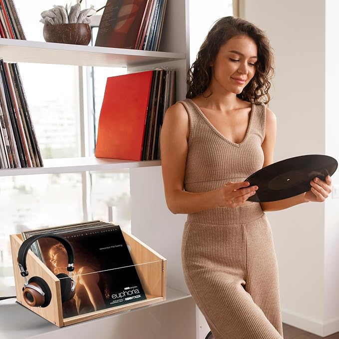 GRETJOB Vinyl Record Storage Crate - Wooden & Acrylic Record Storage Holds 70+ Records, Books, Files - Desktop & Home Office Storage with Handle (Nature wood color)